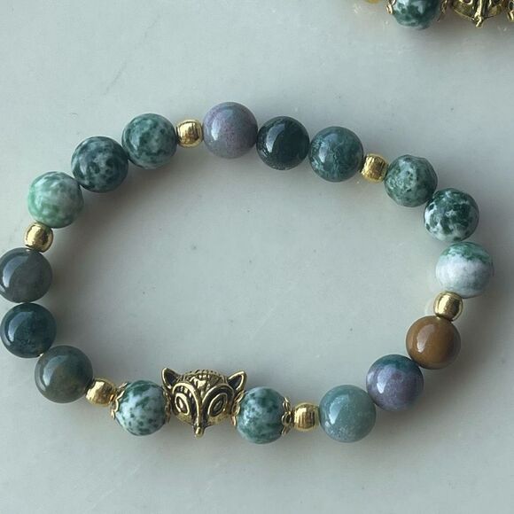 Tree agate dendritic India agate fox head face ONE stretch bracelet NEW reiki me - Picture 9 of 10